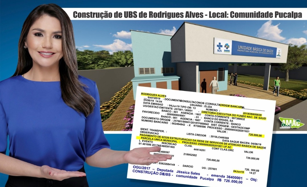Jéssica Sales libera R$ 726 mil para construção de UBS em  Rodrigues Alves