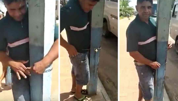 Homem é acorrentado pela própria mulher em ponto de vans em Cruzeiro do Sul; Assista ao vídeo