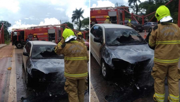 Carro pega fogo na avenida Antônio da Rocha Viana em Rio Branco