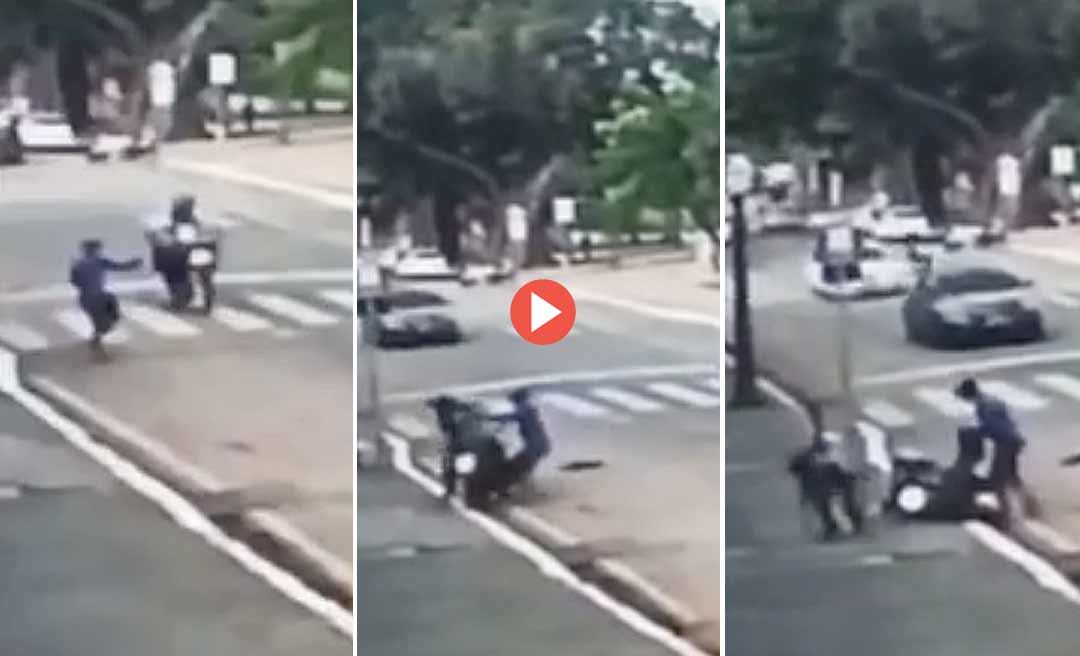 Bandido derruba motociclista e rouba moto no meio do trânsito na Gameleira, em Rio Branco; assista ao vídeo