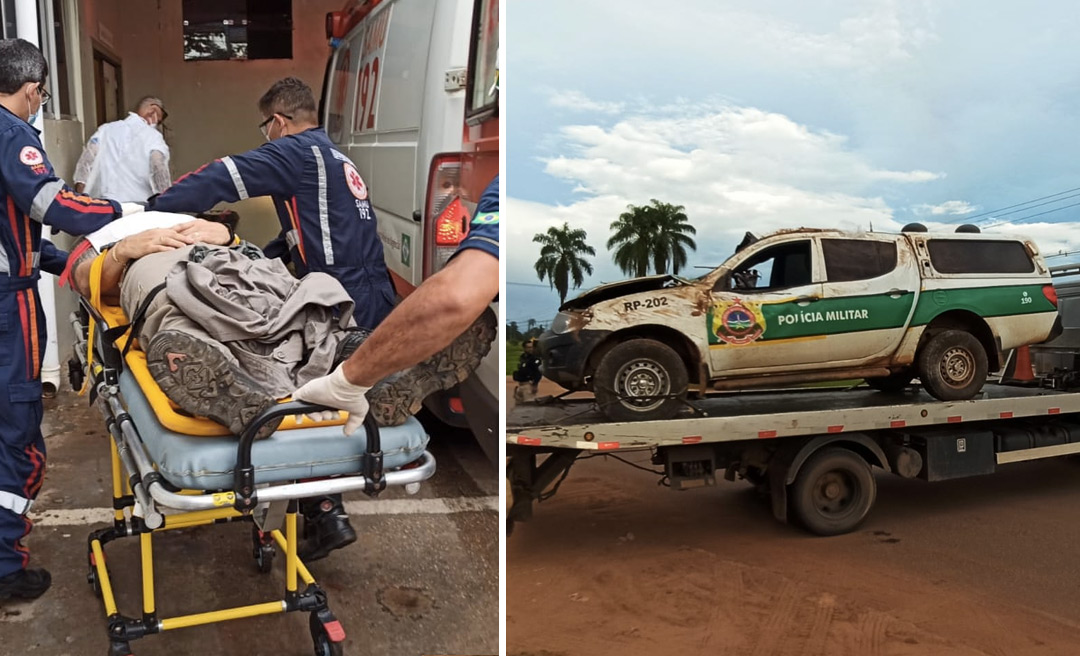 Policial fica ferido após capotamento de viatura em rotatória em Rio Branco