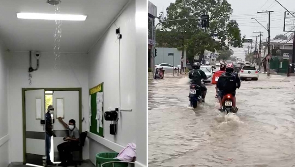 Forte chuva expõe problema no teto do PS; alagamento na Getúlio Vargas também foi registrado