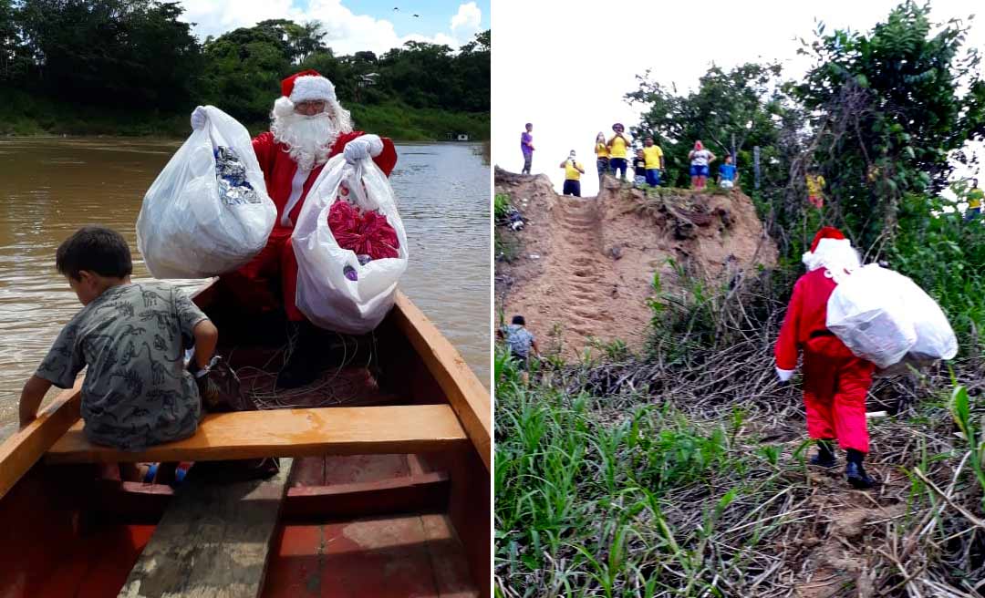 Sem trenó, Papai Noel do Acre usa barco para entregar brinquedos em comunidade rural