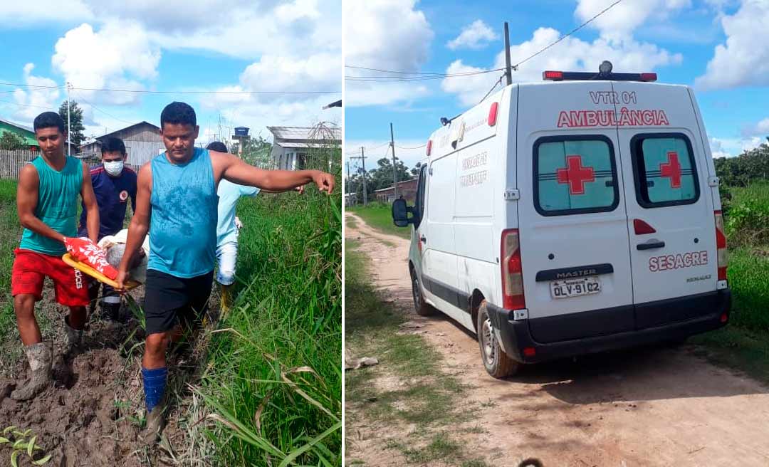 Com rua em precárias condições, idoso é retirado ‘no braço’ por familiares e equipe do Samu, em Tarauacá