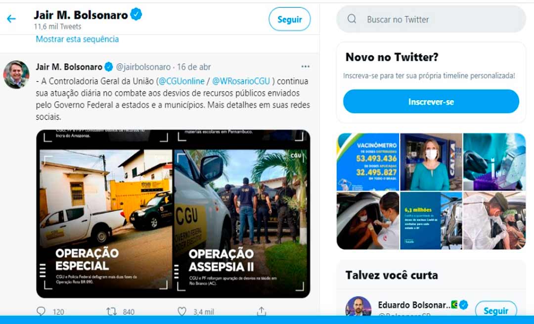 Operação da PF e CGU que investiga compra de álcool e máscaras é destaque nas redes de Bolsonaro