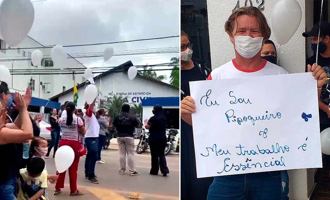 Com balões e cartazes, trabalhadores do setor de eventos fecham avenida e protestam por retorno de atividades