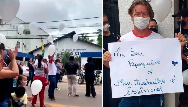 Com balões e cartazes, trabalhadores do setor de eventos fecham avenida e protestam por retorno de atividades