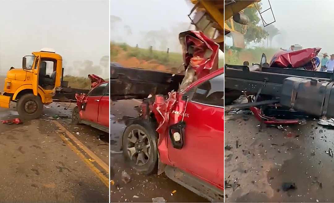 Motorista de caçamba atravessa veículo na BR-317, dorme e por pouco não ceifa família que estava em uma caminhonete; IMAGENS FORTES