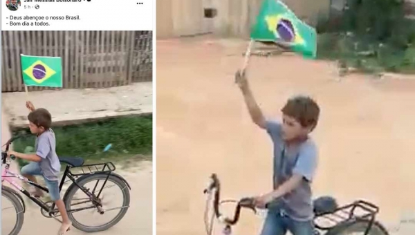Com a bandeira do Brasil e de bicicleta, garoto de Tarauacá ganha destaque no Facebook de Bolsonaro