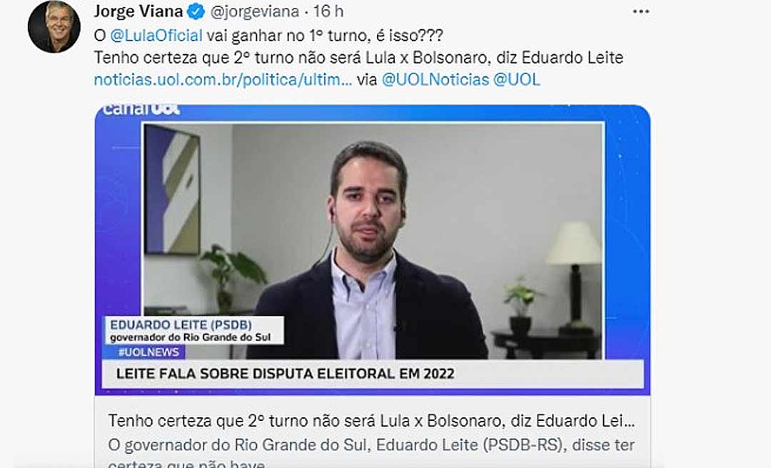 Jorge Viana ironiza fala de governador do Rio Grande do Sul sobre 2º Turno entre Lula e Bolsonaro