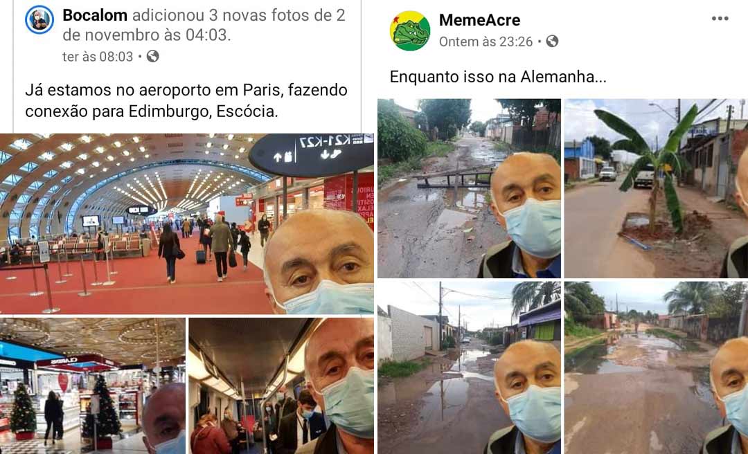 Página faz montagem de selfies de Bocalom na Europa com ruas esburacadas de Rio Branco