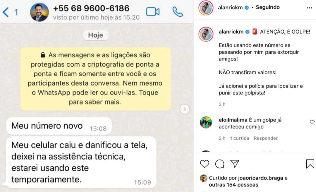 Golpista usa número de telefone e foto de Alan Rick em WhatsApp para aplicar golpes, denuncia deputado