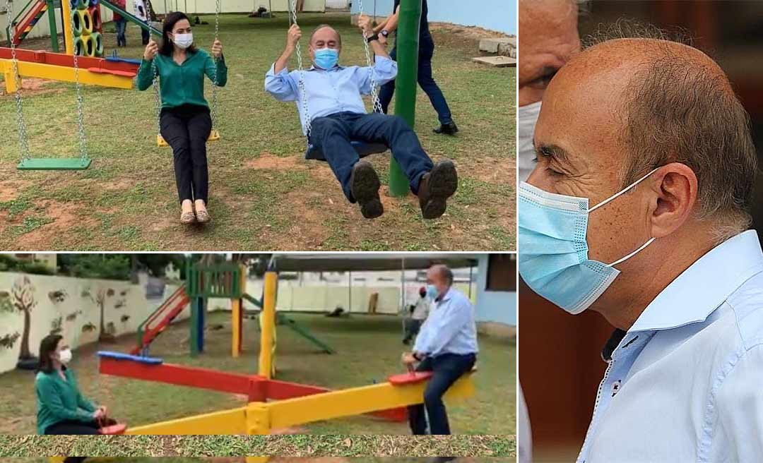 O “novo Boca” aparece com cabelo pintado e brincando de balanço e gangorra