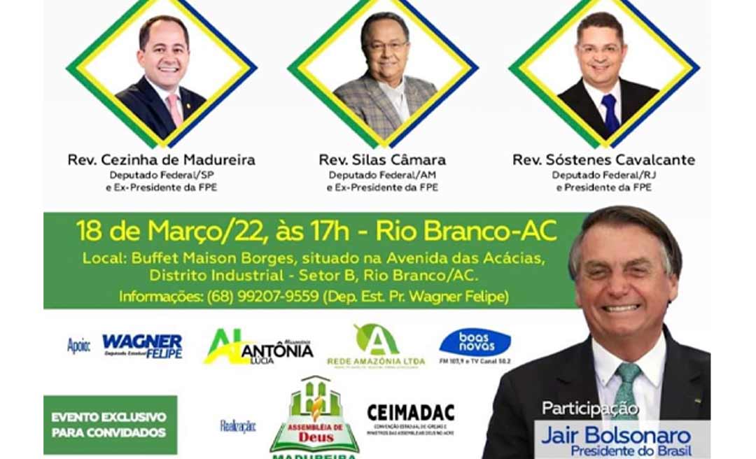 Pastores do Acre aguardam presença de Jair Bolsonaro em evento sobre “fé e cidadania” no dia 18 de março