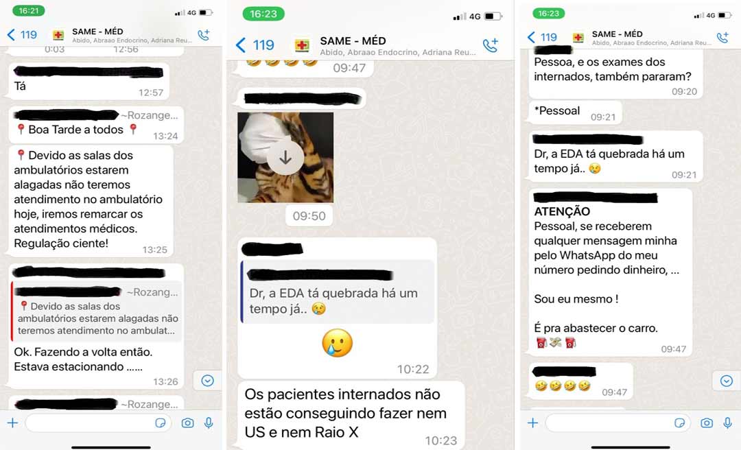 Mensagens trocadas demonstram ambulatórios alagados e suspensão de atendimento há semanas