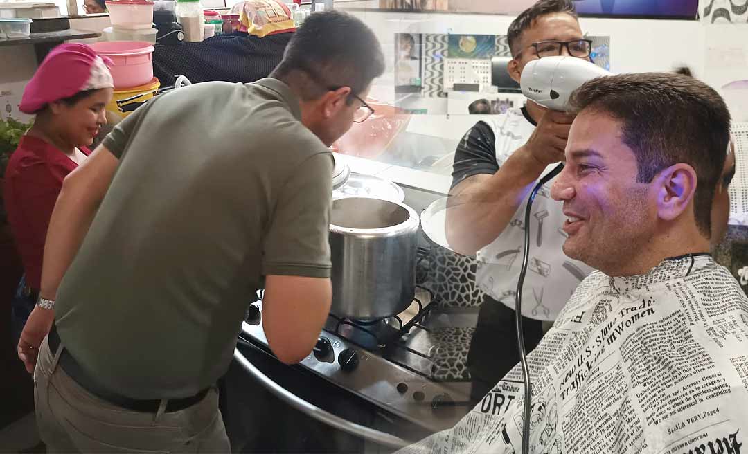 No Mercado do Bosque, Gladson conversa com donos de pensões e comerciantes e vai a barbearia