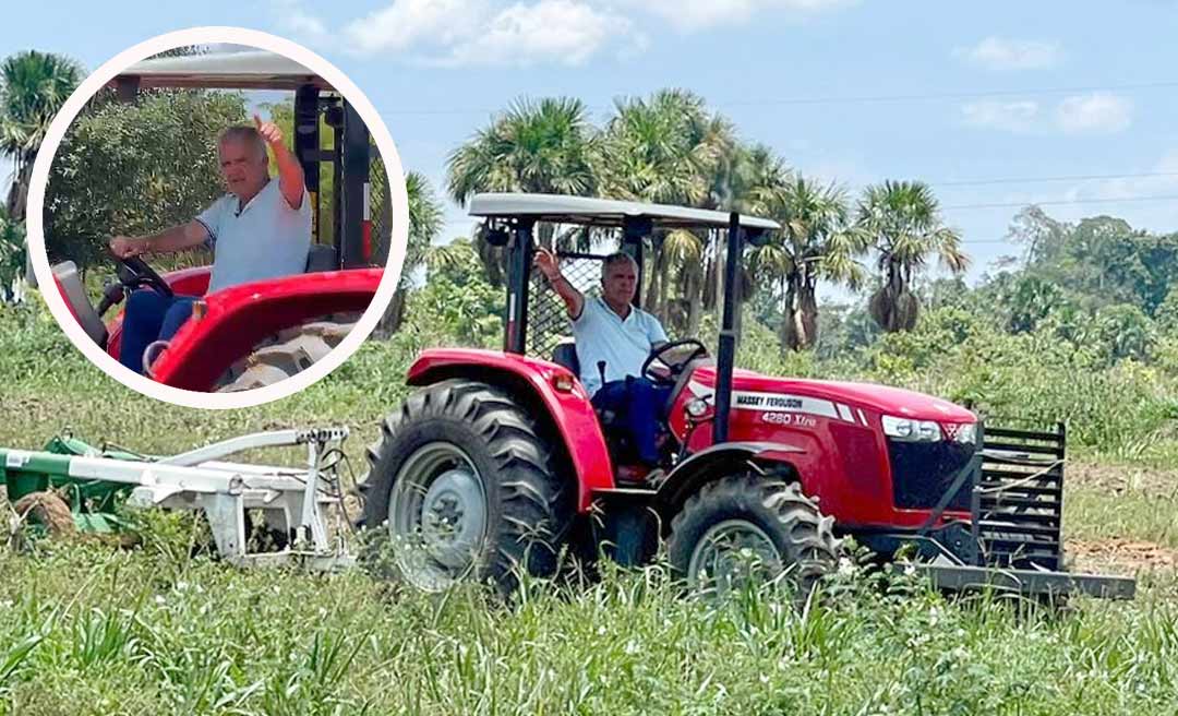 Petecão aparece em trator gradeando terra para plantar mandioca e fala em vender para supermercados