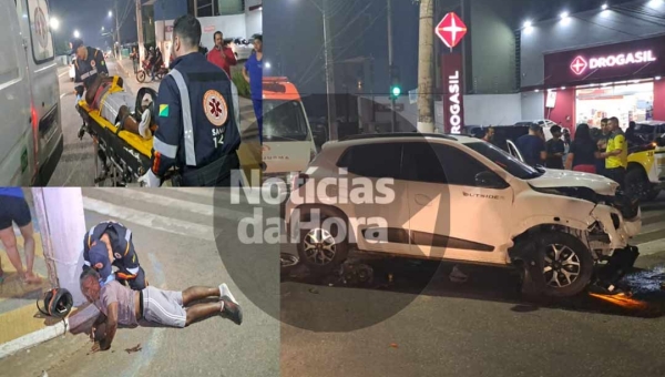 Acidente envolvendo veículo e moto no cruzamento da Ceará com a Marechal Deodoro deixa motociclista ferido