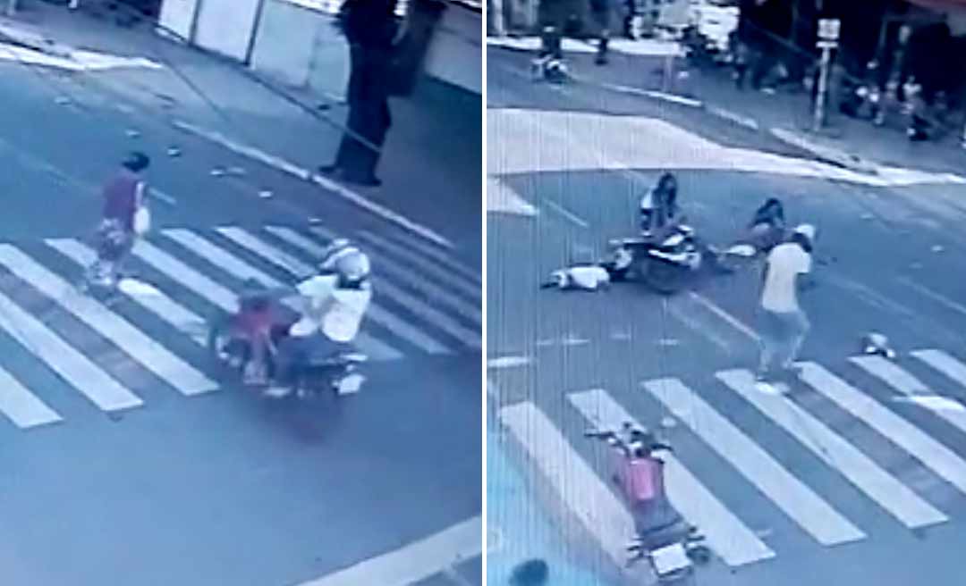 Câmeras de segurança flagram momento em que mãe e filha são atropeladas no Centro de Rio Branco; com o impacto, criança foi arremessada do colo da mãe