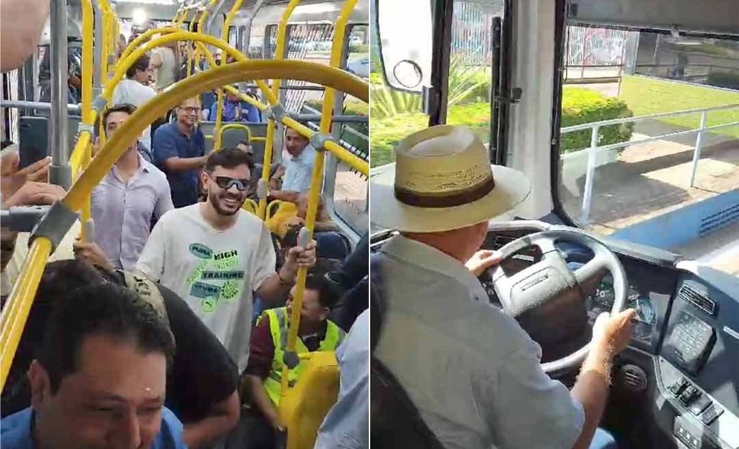 Sob aplausos de aliados, Bocalom dirige ônibus elétrico da prefeitura ao Terminal Urbano