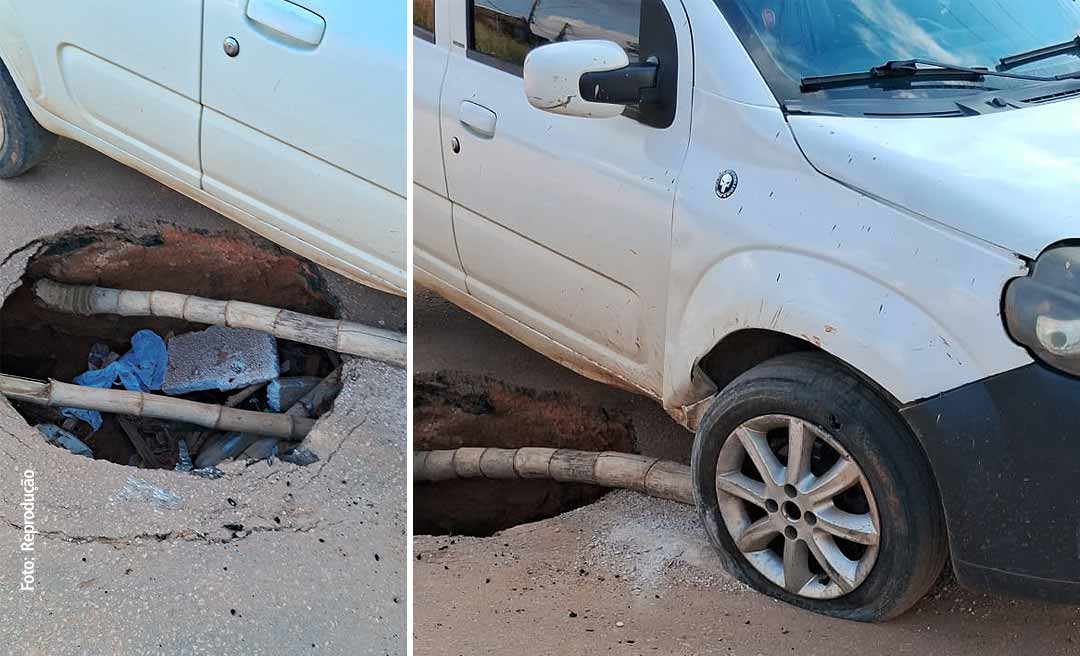 Motorista de aplicativo tem carro danificado após bater em buraco em Rio Branco e desabafa: “Prejuízo e dia de serviço perdido”