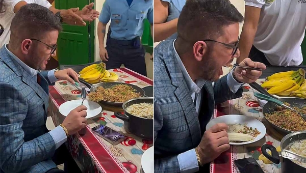 Na Difusora, Gladson almoça farofa de conserva, um de seus pratos preferidos