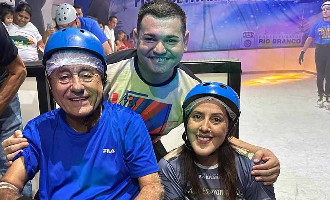 Junto com sua noiva, Bocalom inaugura pista de patinação no gelo em Rio Branco