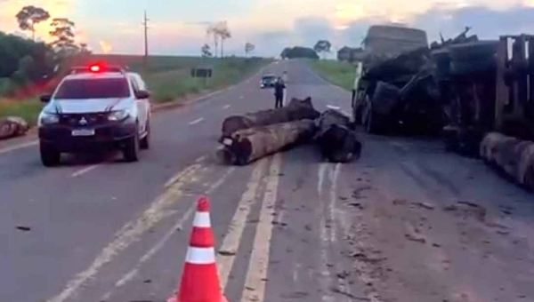 Caminhão carregado de toras tomba próximo a Senador Guiomard