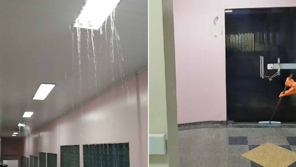 Vídeo mostra corredores e salas da maternidade de Cruzeiro do Sul alagados pela água da chuva