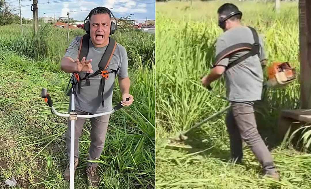 Disque roçador: Com roçadeira, Eber Machado limpa paradas de ônibus e diz que está disposto a tapar buracos