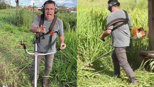 Disque roçador: Com roçadeira, Eber Machado limpa paradas de ônibus e diz que está disposto a tapar buracos