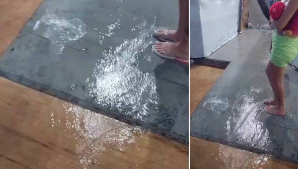 Abrigos no Parque de Exposições alagam após forte chuva em Rio Branco: “Mais água do que o rio!”