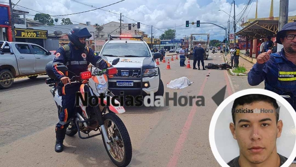 Motociclista tenta ultrapassar usando a ciclovia, se desequilibra e é atropelado violentamente por caminhão