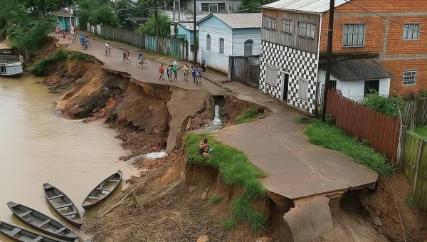 Barranco desaba às margens do Rio Purus em Boca do Acre após forte chuva