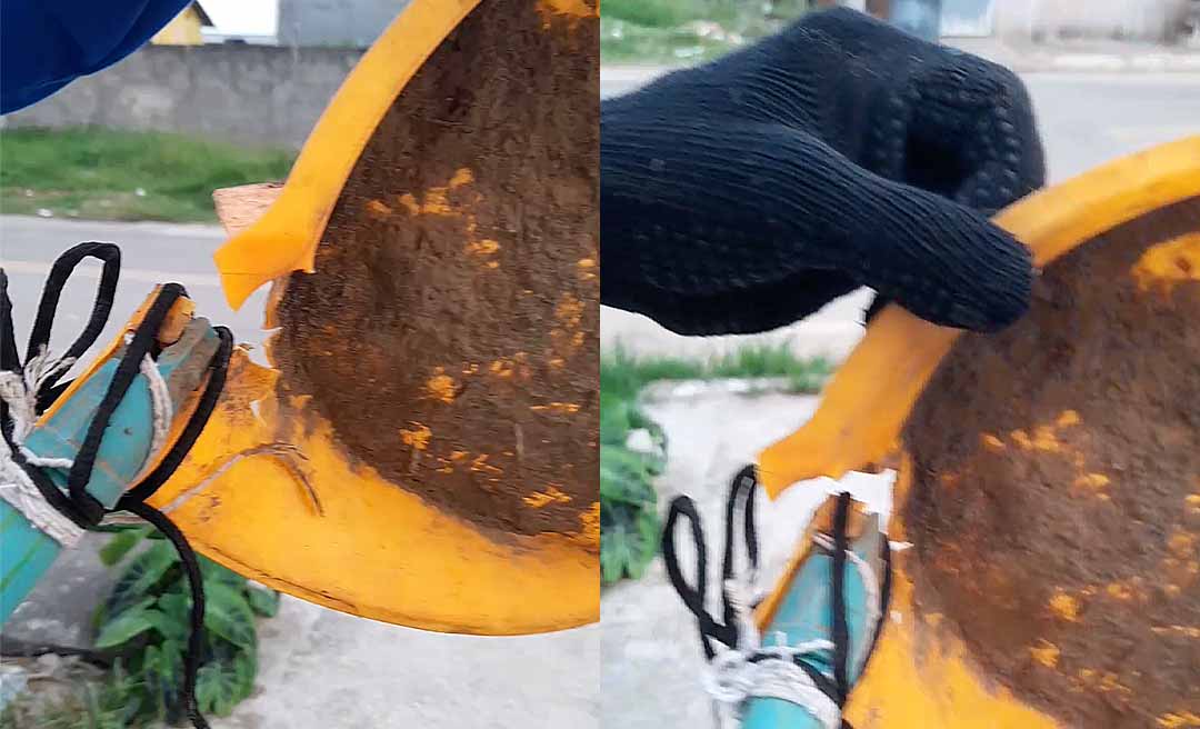 Gari tenta juntar o lixo da cidade de Feijó com pá remendada com barbante