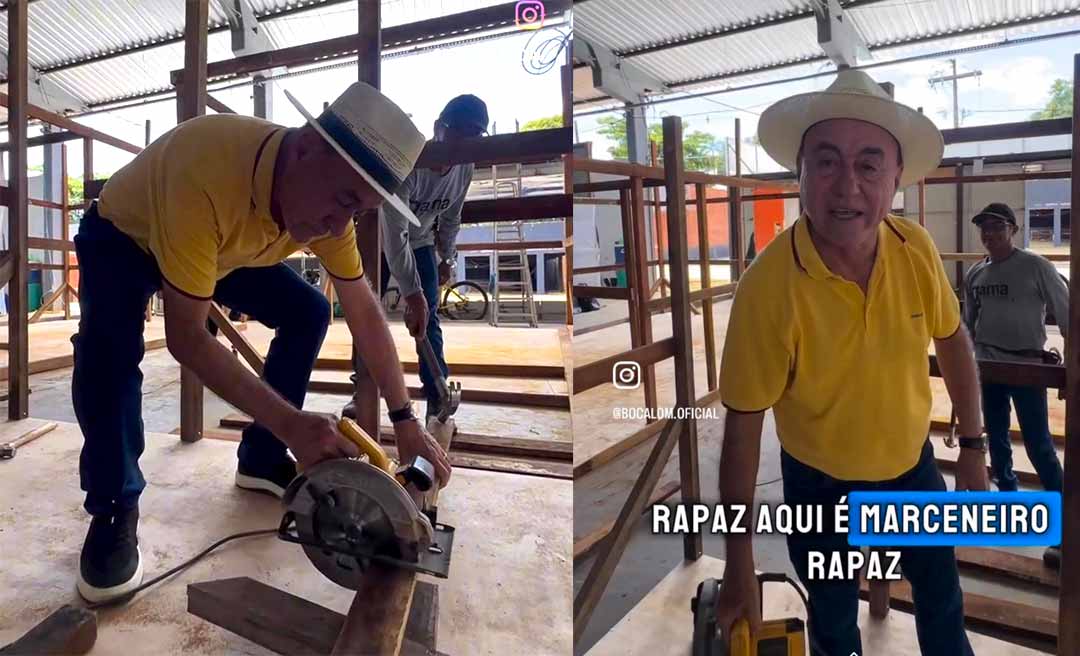 Bocalom surge cortando pernamanca com makita em abrigo e diz: “Aqui é marceneiro”