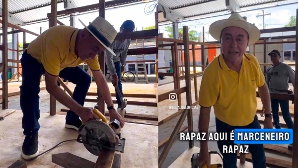 Bocalom surge cortando pernamanca com makita em abrigo e diz: “Aqui é marceneiro”
