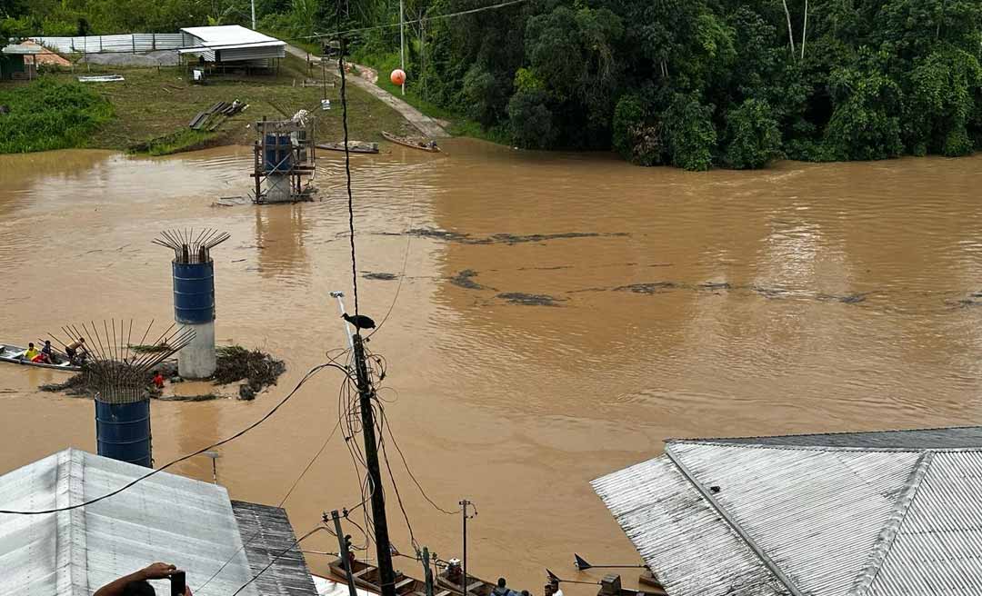 Balseiros são retirados dos pilares da passarela sobre o Rio Amônia, em Marechal Thaumaturgo